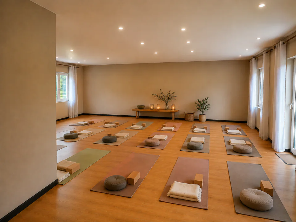 Heller Kursraum Eichenwacht, vorbereitet mit Yogamatten, Kissen, Decken und Blöcken